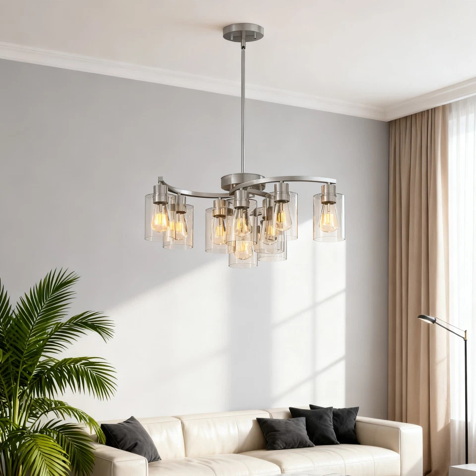 Lámpara de techo moderna de níquel de 30"" colgante de 9 luces para granja accesorio de cocina Foto 1 de 4