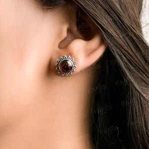 Pendientes redondos de plata de ley 925 granate rojo sol tachuela damas joyería regalo - Imagen 1 de 5