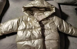 ZARA Girls Gold Metallic Puffer Coat Hooded Zipper/Snap Side Pockets, Sz XS NWOT - Picture 1 of 17