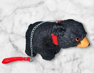 Vtg Japan Rubber Face Kitschy Black Bear Stuffed Straw Plush Red Collar Leash - Picture 1 of 4