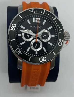 Nautica Men's watch black dial steel case orange rubber strap dive NAD16562G - Image 1 of 4