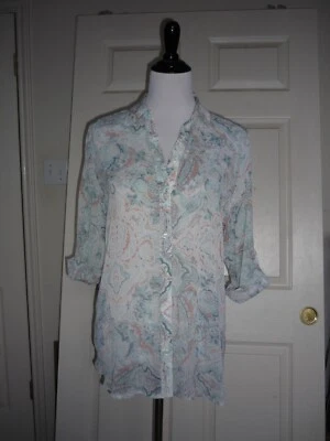 Camisa Blusa Chico's Drapeada Abotonada Azul Floral Cachemira, Mangas con Pestaña Enrollable Talla 1 Foto 1 de 4