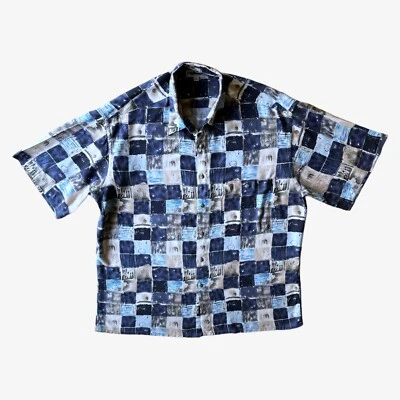 Vintage 80s Pierre Cardin Abstract Blue Check Short Sleeve Hawaiian Shirt, Retro - Image 1 of 4