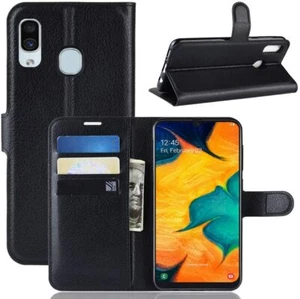 For Samsung Galaxy A20 A30 Black Leather Flip Wallet Book Case Back Cover Cards - Picture 1 of 6