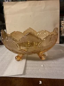 VINTAGE MARIGOLD CARNIVAL GLASS FOOTED OVAL BOWL - Picture 1 of 9