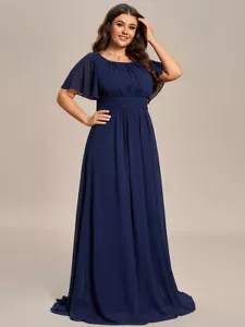 Abito da da damigella d'onore donna taglia taglie forti chiffon semplice a pieghe con scollo rotondo - Foto 1 di 15