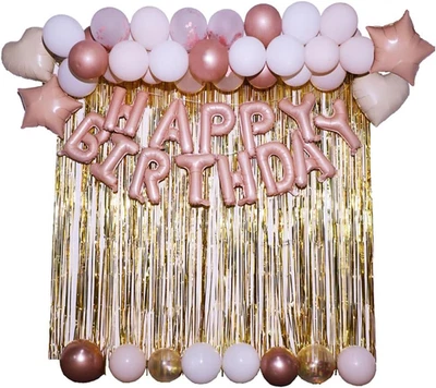 Decoraciones de cumpleaños rosa y dorado rosa feliz cumpleaños pancarta cumpleaños serpentinas Foto 1 de 4