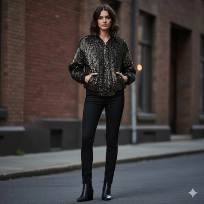 Chaqueta Bomber Zara Negra y Dorada Lentejuelas Brillante Cremallera Vacaciones Gran Tamaño Pequeña Foto 1 de 4