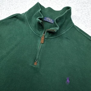 Polo Ralph Lauren Sweater Mens 2XL Green 1/4 Zip Pullover Purple Pony Cotton - Picture 1 of 12
