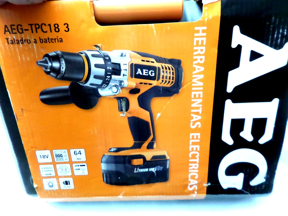 AEG 18 Voltios DE ALTA RESISTENCIA TALADRO PERCUTOR AEG-TPC18 + 2 Baterías + Cargador + Estuche Nuevo Foto 1 de 4