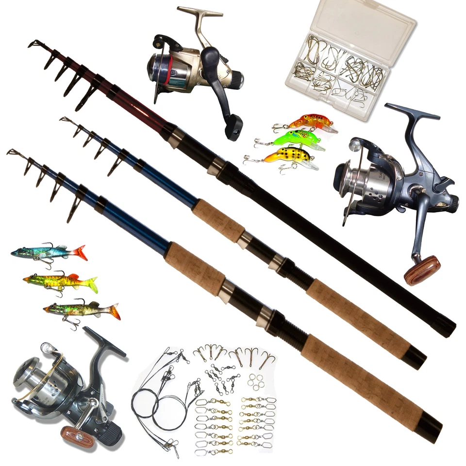 BYRON/KINETIC Set 3 Angel-Ruten+3 Rollen+Zubehör Haken Stahlvorfach Wirbel Kunstköder Wobbler