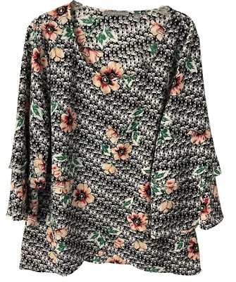 Blusa Valerie Stevens 2X Top Multicolor Estampado Floral Cuello Redondo Manga Campana 3/4 Foto 1 de 4