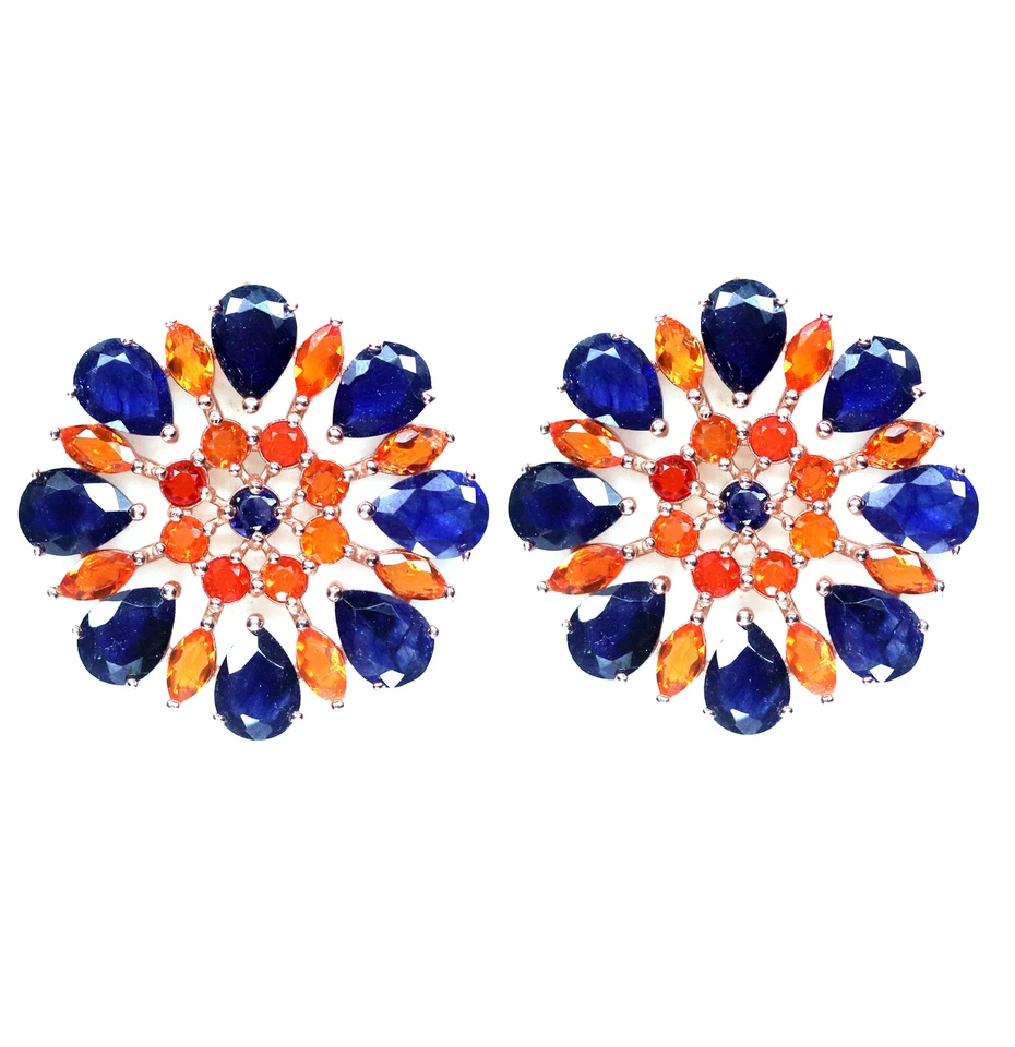 Heated 5 X 7 mm. Blue Sapphire & Orange Fire Opal Earrings Silver 925 Sterling - Image 1 of 4