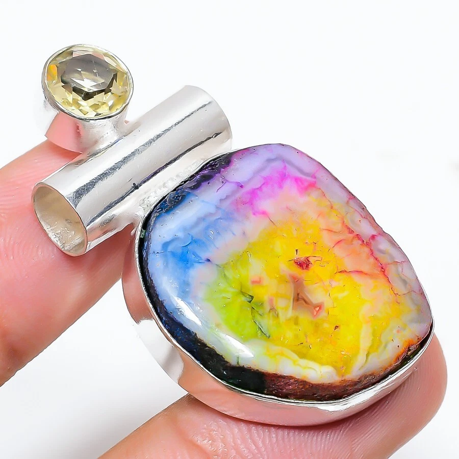 Rainbow Sollar Qartz Gemstone 925 Sterling Silver Jewelry Pendant Size 1.75" - Image 1 of 1