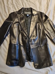 Banana Republic Black Leather Blazer White Stitching 6 EUC Single Button  - Picture 1 of 13
