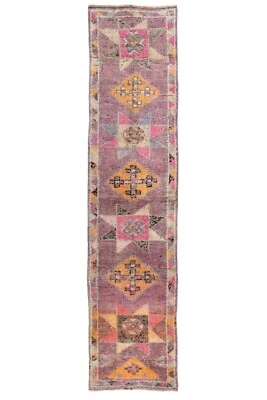 Polvoriento Malva Oushak Corredor, Alfombra Turca Vintage, Decoración Boho Pasillo, 2.6x11.6 Pies Foto 1 de 4