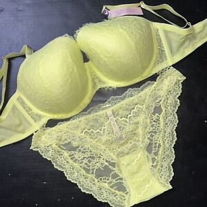 Victoria's Secret 38DDD BRA SET Panty NEON YELLOW LACE lime Citron Dream Angels