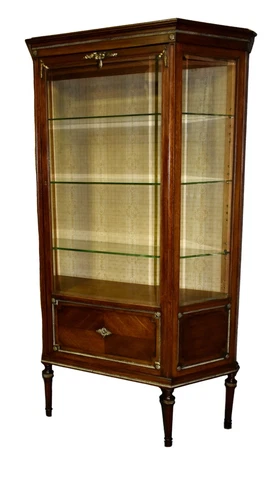 Antique French Carved Walnut One Door Curio Cabinet w/Gold Highlights Cover