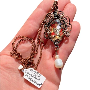 Grateful Dead Skull & Roses Pendant W/ Freshwater Pearl Copper Wire Wrap Jewelry - Picture 1 of 12