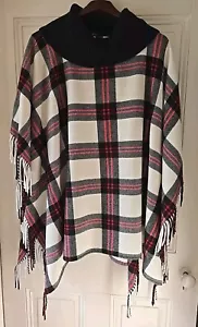 Talbots Tartan Plaid Cowl Neck Sweater Poncho Cape, W/ Fringe, Plus Sz 2x, 3x - Picture 1 of 6