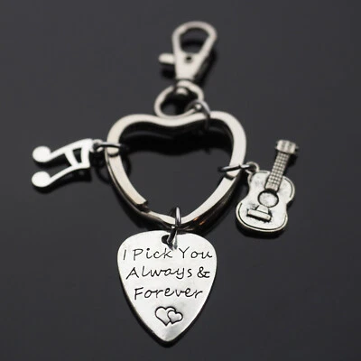 Guitar Pick Keychain "I Pick You Always & Forever" Heart Shaped Ring Clip Lovers - Image 1 of 4