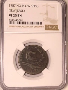 1787 New Jersey Colonial Copper No Plow Sprig Above Plow NGC VF 25 BN: NJ Copper - Picture 1 of 10