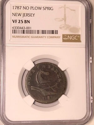 1787 New Jersey Colonial Copper No Plow Sprig Above Plow NGC VF 25 BN: NJ Copper - Image 1 of 4