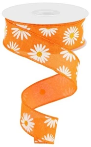 Margarita en cinta real, primavera, blanco/amarillo en arpillera real naranja nueva, 1,5" de ancho - Imagen 1 de 1