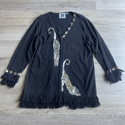 Storybook Knits Sequin Cat Cardigan Large Black Silver Long Tunic Fringe Artsy - Image 1 of 4