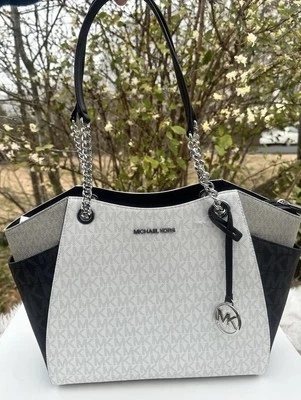 Michael Kors Jet Set Chain  Tote Optic White Multi Leather mk logo - Image 1 of 4