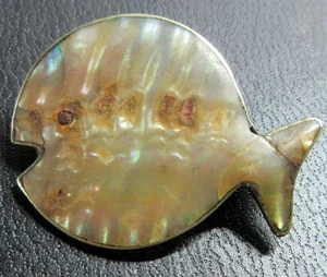 Vintage Sterlingsilber & Abalone Hergestellt in Mexiko Runde Fisch Brosche Anstecknadel - Bild 1 von 3