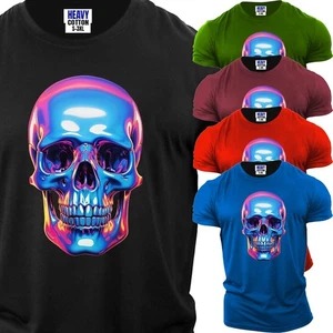 Men's Colorful Horror Skull Face Short Sleeve T-Shirt USA Halloween New Gift Tee - Picture 1 of 12