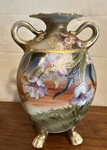 Morimura Brothers Nippon Vase 4 Lion Paws Feet Floral And Scenic Square Rim EUC - Picture 1 of 10