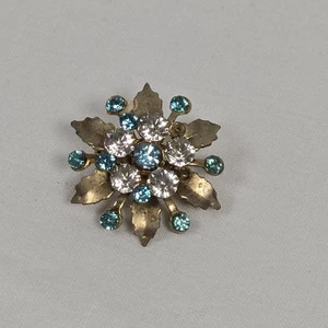 Spilla vintage a forma di fiore con strass blu tono oro - Foto 1 di 7