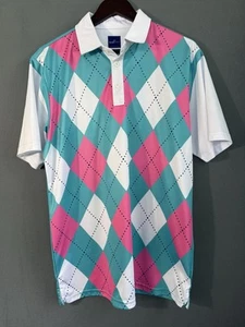 Ready Golf Polo Shirt Mens Medium Blue White Pink Argyle Casual Lightweight - Picture 1 of 9