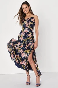 NWT Lulu’s Floral Navy Maxi Dress Wedding Guest Formal Ruffled Summer Flowy S - Picture 1 of 10