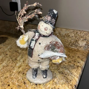 Vintage ESC Trading Co. Cody Foster Folk Art Snowman Holding Bird Nest w/ Bird - Picture 1 of 12