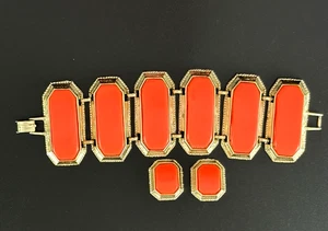 Vintage WIDE Thermoset Bracelet Clip Earrings SET Florescent ORANGE GP #154 - Picture 1 of 6