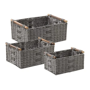Decorative Handwoven Paper Rope Baskets with Wooden Handles, Stackable Bathro... - Picture 1 of 6