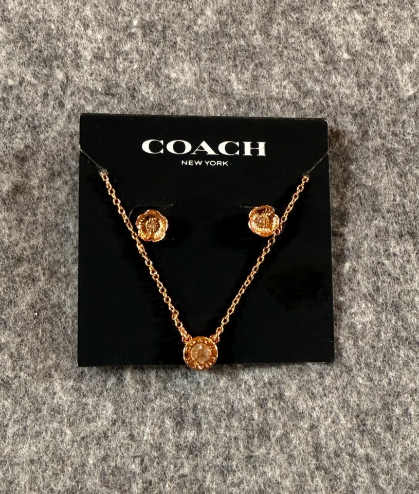 COACH Open Circle Necklace & Tea Rose Stud Earrings Jewelry Set