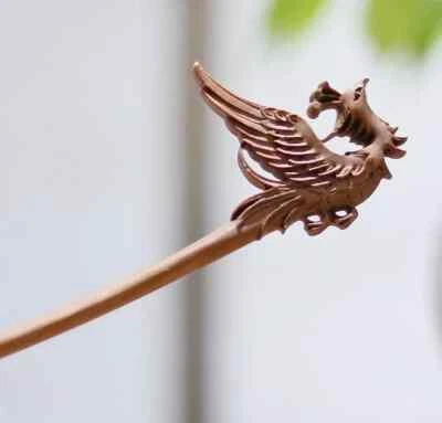 Peach Wood Carved Hair Pin Stick Phoenix Type Fork Updo Bun Boho Outfit Decor - Image 1 of 4