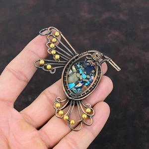 Multi Turquoise Wire Wrapped Bird Pendant Handcrafted Copper Gift 3.78" - Picture 1 of 6