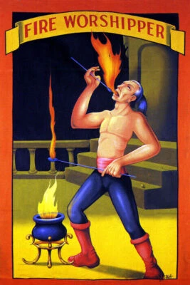 FREAK GEEK CIRCUS FIRE WORSHIPPER MAN SPITTING FIRE VINTAGE POSTER REPRO - Image 1 of 3