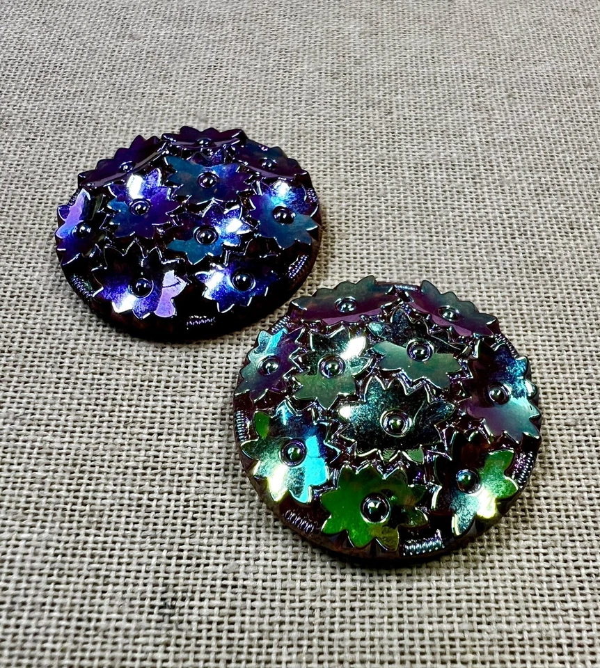 Two Antique Vintage D&E Juliana Iridescent Glass Flower Replacement Cabochons - Image 1 of 4