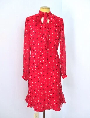 Red polka dot silk chiffon 2-pc pussy bow top trumpet skirt career office suit 6 - Image 1 of 4