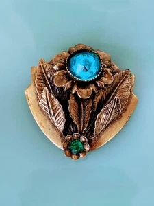 Antica clip pelliccia fiore ottone strass blu - Foto 1 di 6