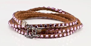 Swarovski Kristall und Leder 5 Wickelarmband in hellbraun mit hellrosa Kristallen - Bild 1 von 2
