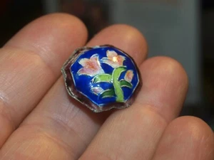 One Vintage Chinese Bead Cloisonne Canton Enamel Blue Flower leaves 18mm Hexagon - Picture 1 of 8