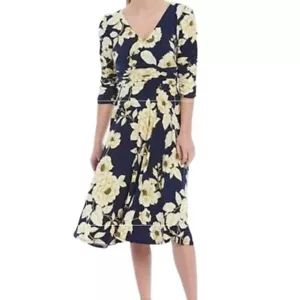 NWT Eliza J Floral v neck a line Ruched sleeves midi dress sz 6 - Picture 1 of 12