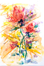 Roses Painting Red  Flower Original Watercolor Art Abstract Floral Art 8x6 inch